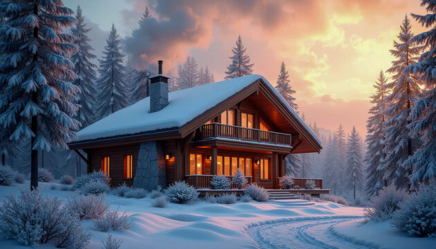 Cozy wooden cabin surrounded by snow-covered trees at sunset in a winter landscape