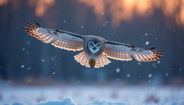 Snowy owl gracefully gliding through the winter landscape at dusk in a snowy forest - Powered by Adobe