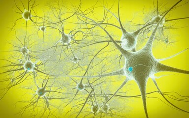 Abstract illustration of interconnected neurons in the brain on a yellow background