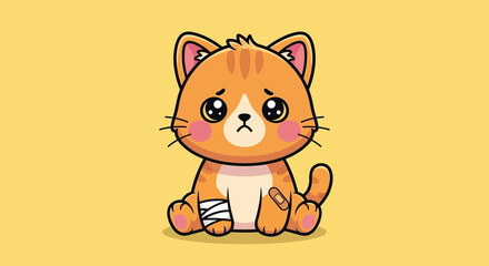 Cute Injured Orange Cat Character Sitting with Bandages on Leg and Tail – Flat 2D Vector Kawaii Illustration