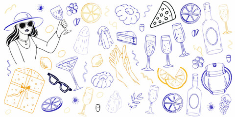 Celebration doodle elements with a woman holding a champagne glass and party icons