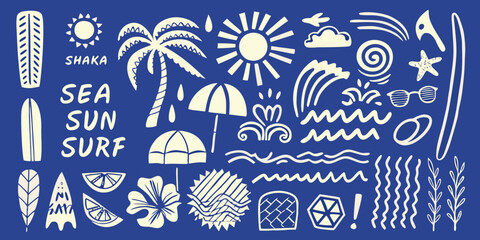 Collection of hand drawn summer vacation icons and symbols including surfboards sun palm trees waves and tropical flowers