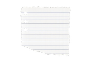 Torn blank note paper with binder holes and blue lines, isolated on a transparent background, providing copy space