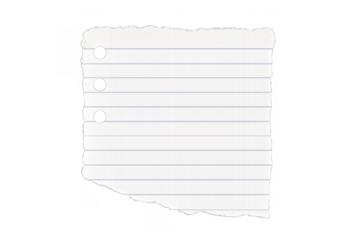 Torn blank note paper with binder holes and blue lines, isolated on a transparent background, providing copy space