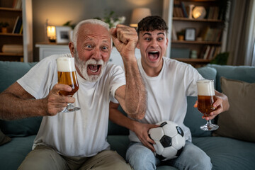 Grandfather and grandson watching soccer, cheering team
