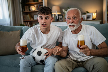 Grandfather and grandson watching soccer match at home