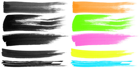 Set of colorful and black marker brush strokes. Realistic marker lines in bright neon and dark tones, isolated on white background, perfect for design or highlights, transparent PNG, vector