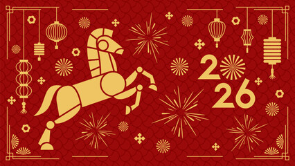 Chinese New Year of Horse design 2026. Golden and red background. Vector illustration.