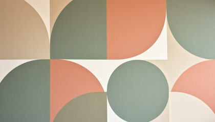 Minimalist geometric abstract pattern with overlapping curved shapes in muted green, coral, and beige tones, modern mid-century inspired design for interior decor or branding visuals