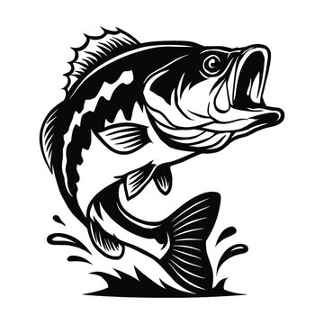 Dynamic black and white bass fish leaping out of water silhouette graphic vector