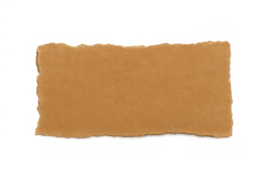 Torn kraft paper piece with ripped edges providing a blank brown texture for text or design, transparent background