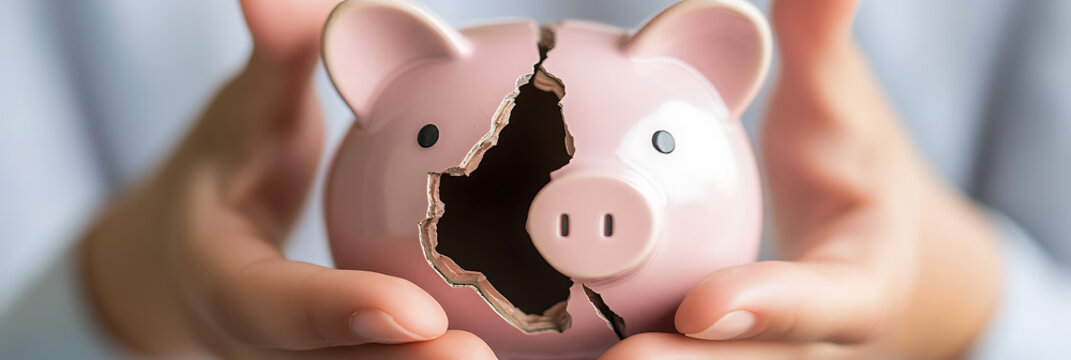 A cracked pink piggy bank, held gently, symbolizes financial fragility. It's a reminder of the need for robust savings and careful management. Handle with care! - Powered by Adobe