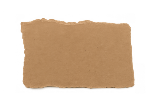 Brown ripped kraft paper piece having rough edges and copy space, creating a blank textured background on transparent