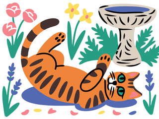 Playful Tabby Cat in Garden Illustration
