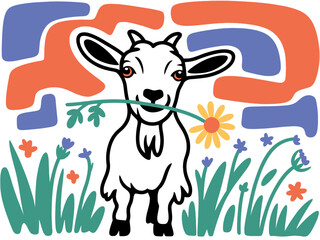 Cute Goat with Flower, Cartoon Illustration © Lungani