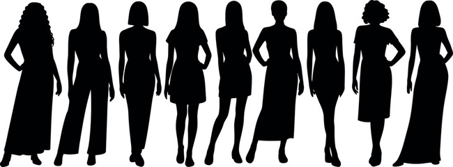 Diverse Women Silhouettes Standing Fashionably Against White Background Illustration