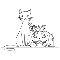 Halloween Cat Coloring Page with Pumpkin Candle and Spiderweb Hat Spooky Season Feline Fun Coloring Activity Printable