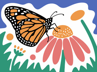 Monarch Butterfly on Flower, Graphic Illustration