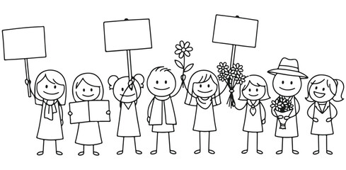 Peaceful Protest Vector Illustration Cartoon People with Signs Flowers Demonstrating for Peace Equality and Positive