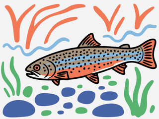 Colorful Rainbow Trout Illustration in Stream