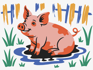 Cute Pink Pig in Mud Puddle Illustration