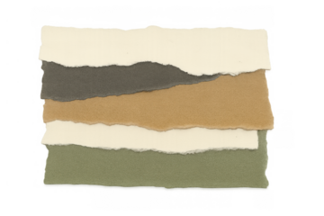 Ripped paper strips creating a layered collage, abstract arrangement with torn edges and natural textures
