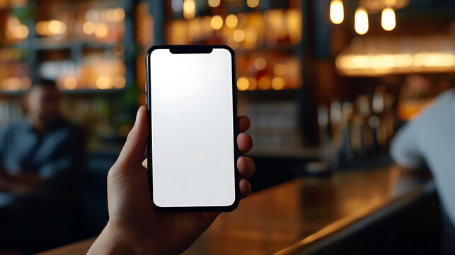 Hand holding a smartphone with a blank screen in a bar setting, showcasing modern technology in a social atmosphere. Perfect for app mockups and advertising. - Powered by Adobe