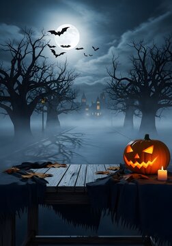 Floresta escura e assombrada para o Halloween com &aacute;rvores retorcidas, neblina, luar e uma ab&oacute;bora de Halloween iluminada (Jack-o'-lantern). Conceito de terror.