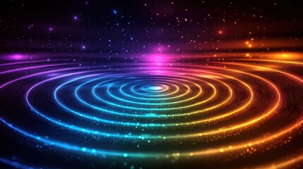 Obraz premium Laser interference rings creating spectacular cosmic spiral patterns with vibrant rainbow spectrum colors in deep space starfield background