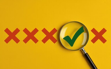 Magnifying glass revealing a green checkmark among red crosses on a yellow background