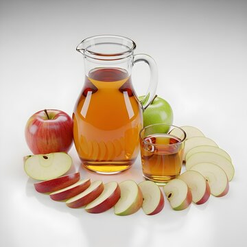 Jarra de vidro cheia de suco de ma&ccedil;&atilde; fresco e ma&ccedil;&atilde;s vermelhas e verdes inteiras e fatiadas ao lado. Bebida natural e saud&aacute;vel isolada no branco.