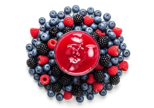 Tigela de vidro cheia de suco de bagas vermelhas vibrantes cercada por bagas frescas (mirtilos, framboesas, amoras, morangos) isolada no branco.