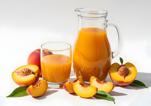 Jarra de vidro e copo cheio de suco de p&ecirc;ssego fresco isolados no branco. P&ecirc;ssegos inteiros e fatiados em abund&acirc;ncia na base. Bebida natural e saud&aacute;vel