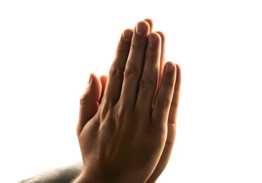 Duas m&atilde;os masculinas espalmadas e juntas em pose de ora&ccedil;&atilde;o isoladas no branco. Gesto de gratid&atilde;o, espiritualidade ou medita&ccedil;&atilde;o. Conceito de paz ou calma