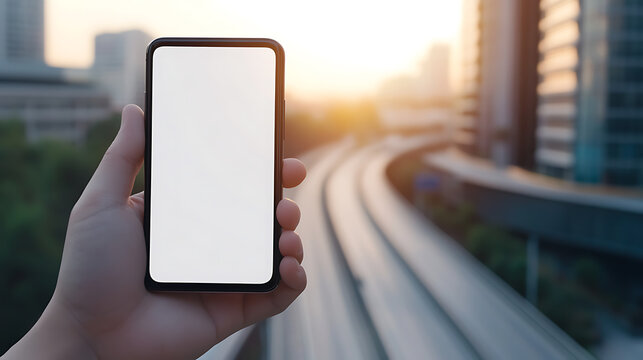 Urban connection. A hand holds a smartphone against the backdrop of a vibrant cityscape. The device's screen offers a window to endless possibilities and seamless communication.