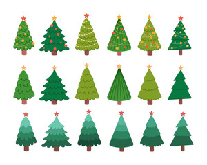 Set of Christmas trees in various shapes and styles decorated with stars, lights, and garlands. Perfect for holiday cards, festive posters, wrapping paper, and winter design projects.