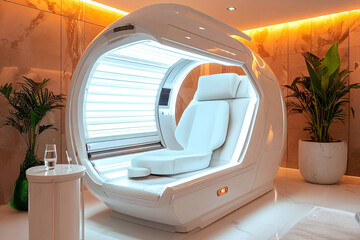 Minimalist white tanning pod with futuristic design and comfortable chair.