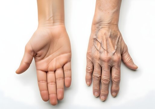Compara&ccedil;&atilde;o entre a pele da m&atilde;o de uma pessoa jovem e outra idosa. Fotografia focada no envelhecimento natural da pele, rugas e dermatologia.
