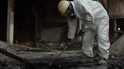 A person in a protective suit and helmet shovels debris inside a building. They are likely inspecting the damage or cleaning after a fire. Safety and protection are priority.