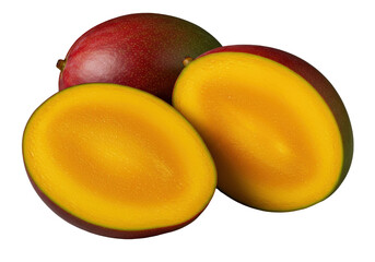 Vibrant, dewy whole and halved mangoes with juicy orange flesh, glistening nectar, crosshatch-scored, on transparent. Photorealistic dramatic macro close-up, raking light, mouth-watering concept