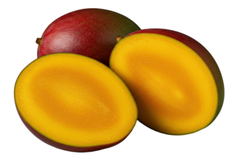 Vibrant, dewy whole and halved mangoes with juicy orange flesh, glistening nectar, crosshatch-scored, on transparent. Photorealistic dramatic macro close-up, raking light, mouth-watering concept