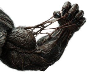 monstrous creature's powerful, muscular arm and hand mid-flex, matted dark fur, grotesque veins, obsidian claws, extreme close-up, dramatic lighting, terrifying display of primeval strength