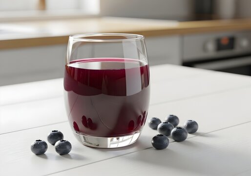Copo de suco de mirtilo roxo escuro com frutas frescas na mesa clara. Bebida antioxidante natural de frutas vermelhas para estilo de vida saud&aacute;vel.