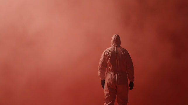 An individual in a protective suit stands against a vivid red backdrop, shrouded in mystery. The suit symbolizes safety and potential hazards in an unseen world.