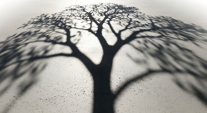 Sombra art&iacute;stica de copa de &aacute;rvore projetada contra um fundo de est&uacute;dio claro. Textura visual de natureza e ilumina&ccedil;&atilde;o para fundos minimalistas.