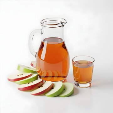 Jarra e copo com suco de ma&ccedil;&atilde; fresco e fatias da fruta em fundo claro. Bebida natural e saud&aacute;vel para o caf&eacute; da manh&atilde; ou lanche nutritivo.