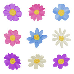 Flowers 3D buds. Spring flower, cartoon narcissus, plasticine daisy, plastic floral garden chamomile, clay wildflower. Isolated vector set in soft render style