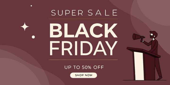black friday super sale banner design with burgundy background three dimensional podium geometric elements up to fifty percent discount promotion - Powered by Adobe