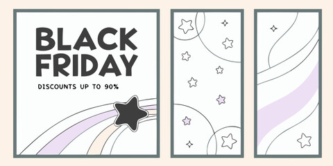 black friday sale poster set with minimalist shopping icons geometric patterns and ribbon decoration for discount promotion design