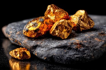Sparkling gold nuggets rest on a smooth dark stone. The bright light enhances their luster, highlighting their unique shapes and textures. A striking contrast between the gold and stone